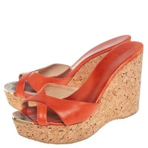 Jimmy Choo Women’s Neon Orange Cork Wedge Platform Sandals Size 39 EU